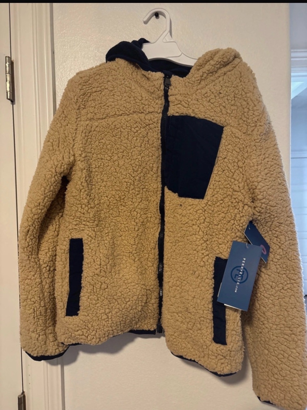 Perry Ellis Sherpa Hooded Jacket in Tan with Navy Accents